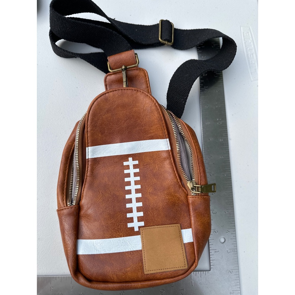 Football Sling Bag Brown Faux Leather Crossbody Sports Fan Chest Pack Small